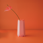POTR Letterbox vase featuring stylish pink design with a flower, set against a vibrant orange background.