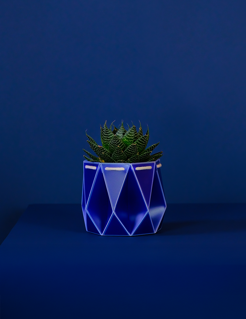 Self watering POTR Pot displaying a stylish blue planter with a succulent on a blue background.